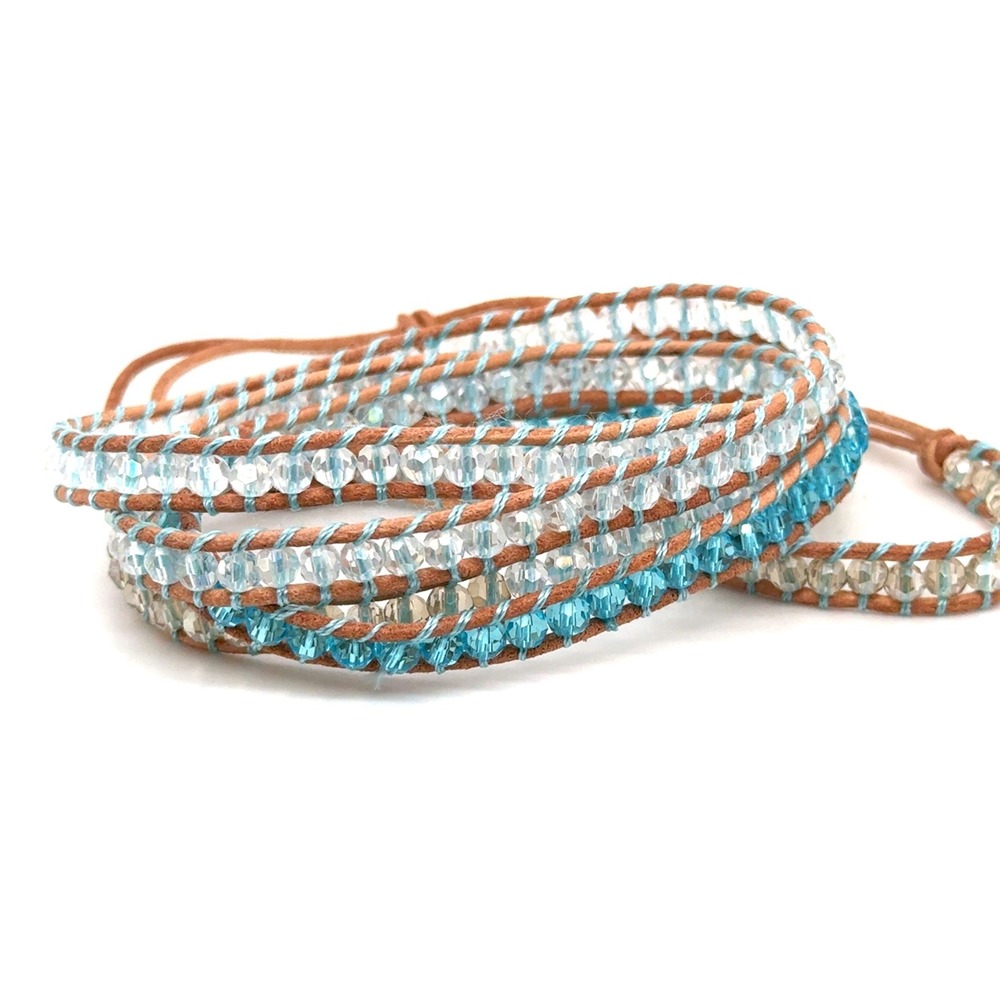 Victoria Emerson Turquoise Crystal Five Wrap Bracelet Leather Boho Adjustable